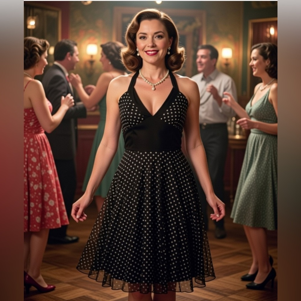 Retro Ruby Rox Black & White Polka Dot Halter Midi Open Back dress sz M